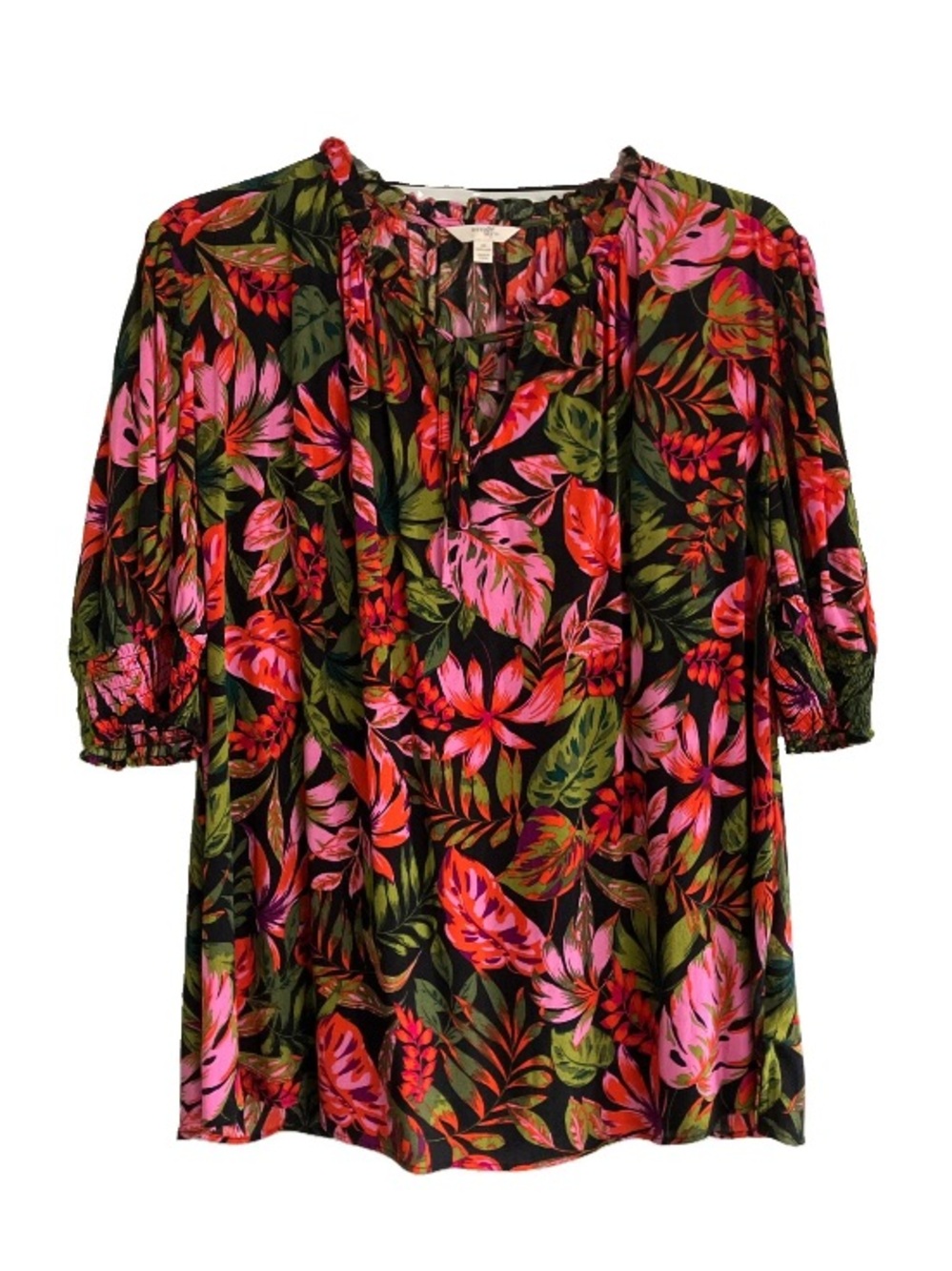Terra & Sky 2X Relaxed Black Pink Floral Rayon Puff Sleeve Peasant Tropical Top.